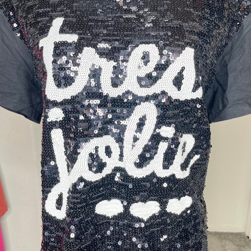TwinSet Simona Barbieri Indie Sleaze Sequin Tres Jolie Graphic Tee Black M - Picture 3 of 9